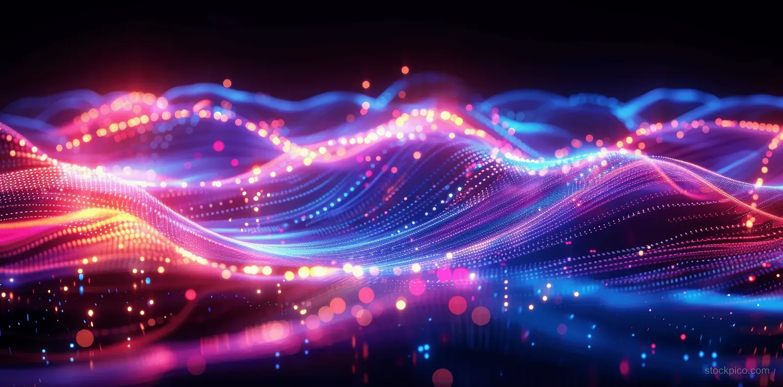 Neon wavy lines and glowing data points sweep across a blurred night city with multicolor bokeh light trails.