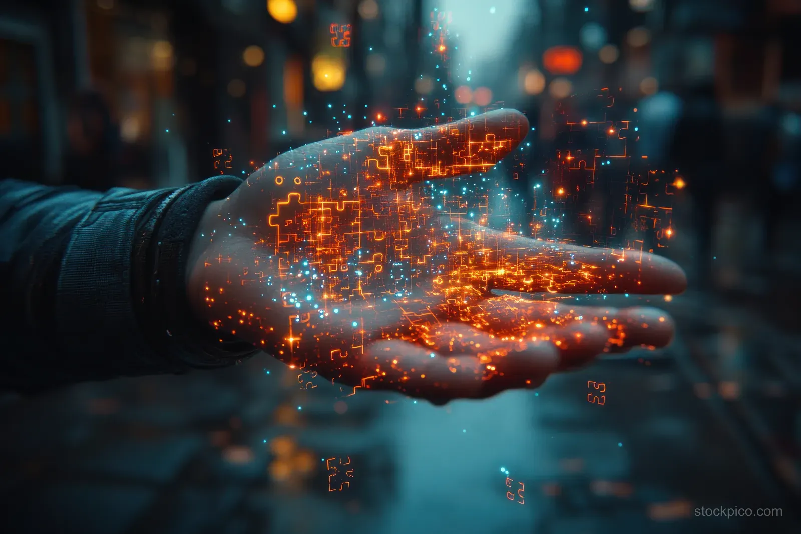 Hands releasing glowing jigsaw puzzle pieces that form a digital network of connected nodes in the dark.