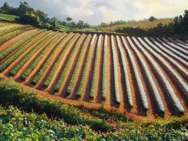 Drone aerial view of terraced rice paddies in Yogyakarta with straight green rows under warm sunlight.