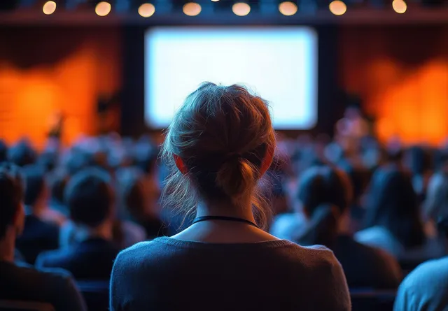 Vista traseira de um palestrante em um seminário empresarial com uma plateia voltada para uma tela de apresentação brilhante em um auditório.