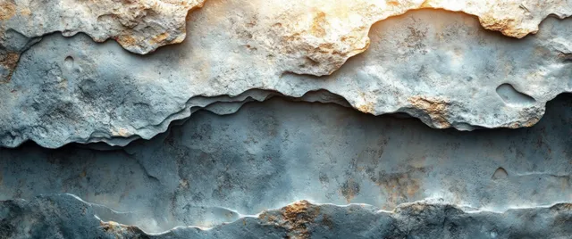 Close-up of a weathered blue-gray stone wall with peeling plaster and rough exposed rock layers.