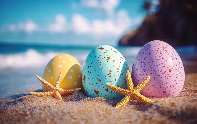 Colorful polka dot eggs with starfish sit on sandy beach as ocean waves and blue sky fill the background.
