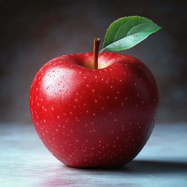 Hyper-realistic red apple with glossy skin and green leaf on clean white background