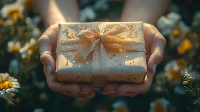 Hands holding a wrapped gift box with bow in soft natural light