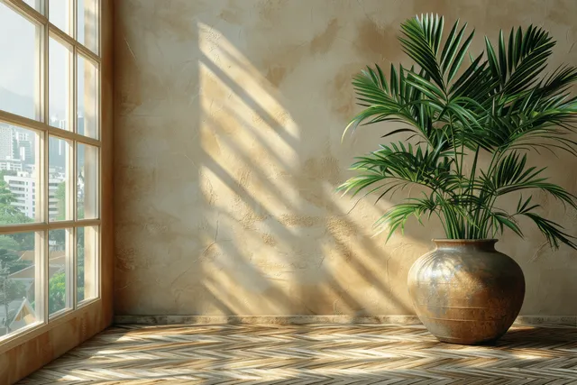 Sunlit Interior With Large Window and Potted Palm on Herringbone Floor