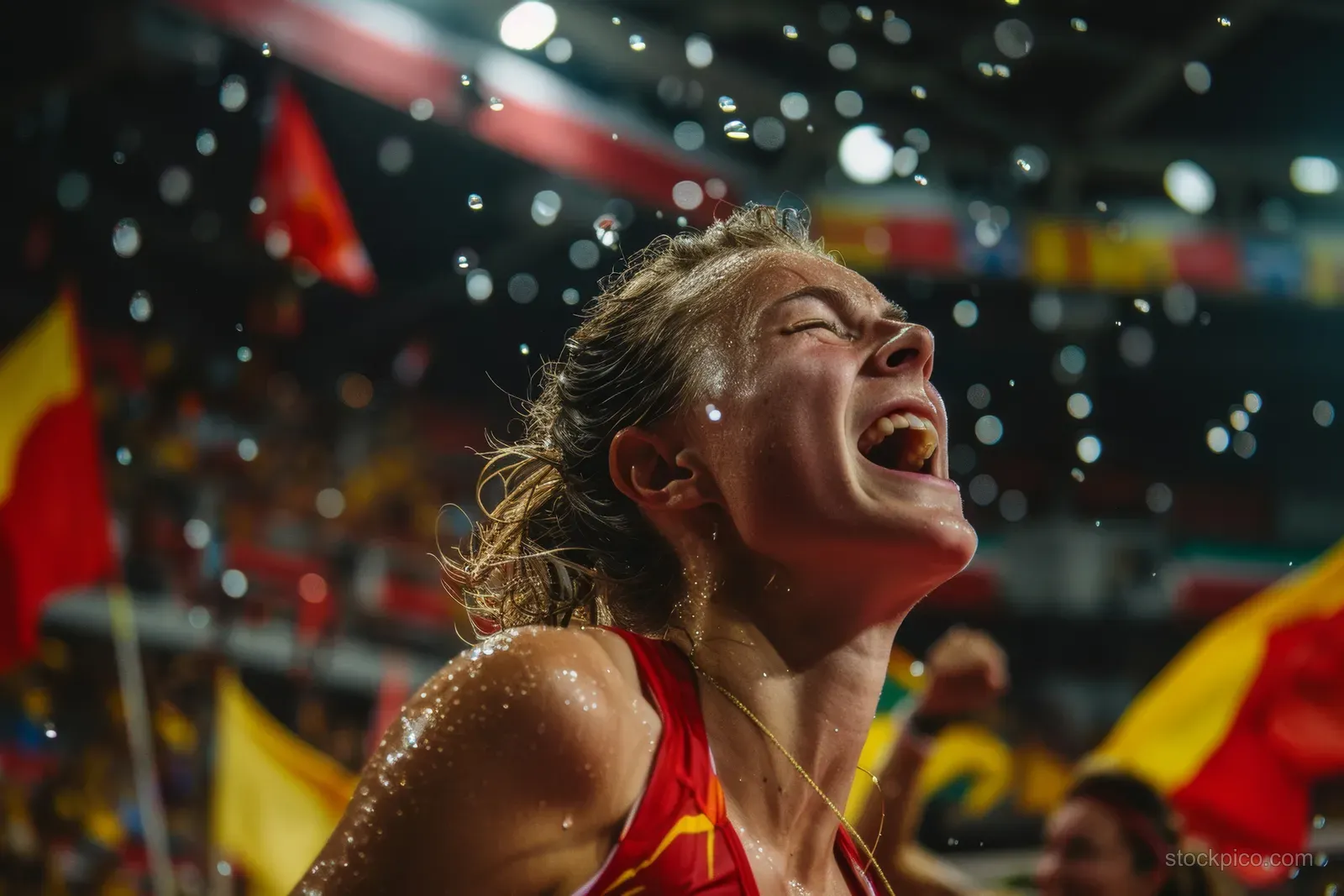 Belgian tennis player in a red kit celebrates bronze match victory with confetti and flags behind her.