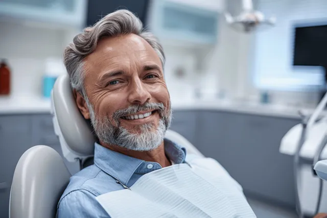 Smiling middle-aged man relaxed in dental chair during clinic check-up