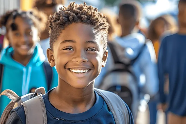 Smiling boy with backpack standing outdoors at school, classmates softly blurred behind