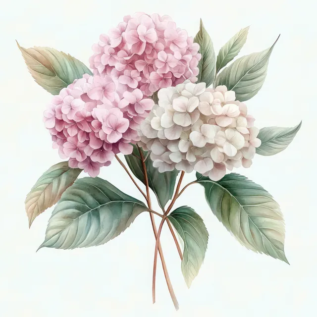 Watercolor illustration shows a pink and white hydrangea bouquet with green leaves and delicate stems on a pale background.