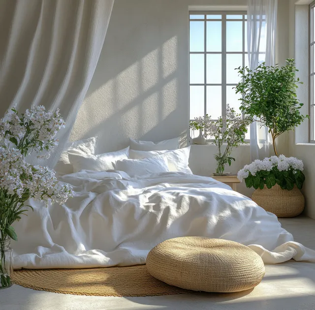 Sunlight streams through a window onto a white bed with pillows, sheer curtains, and potted plants.