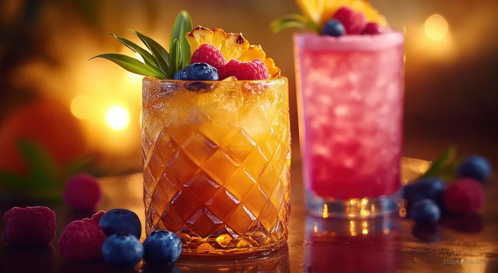 Two tiki cocktails in carved mugs on a polished bar with blueberries, pineapple garnish, and warm glowing lights in the background.