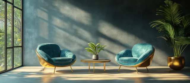 Two turquoise lounge chairs sit around a glass coffee table in a sunlit minimalist living room with potted plants.