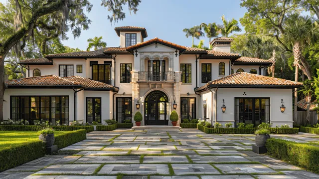 White Spanish Colonial mansion with black windows and a stone paver driveway leading through a green front yard.