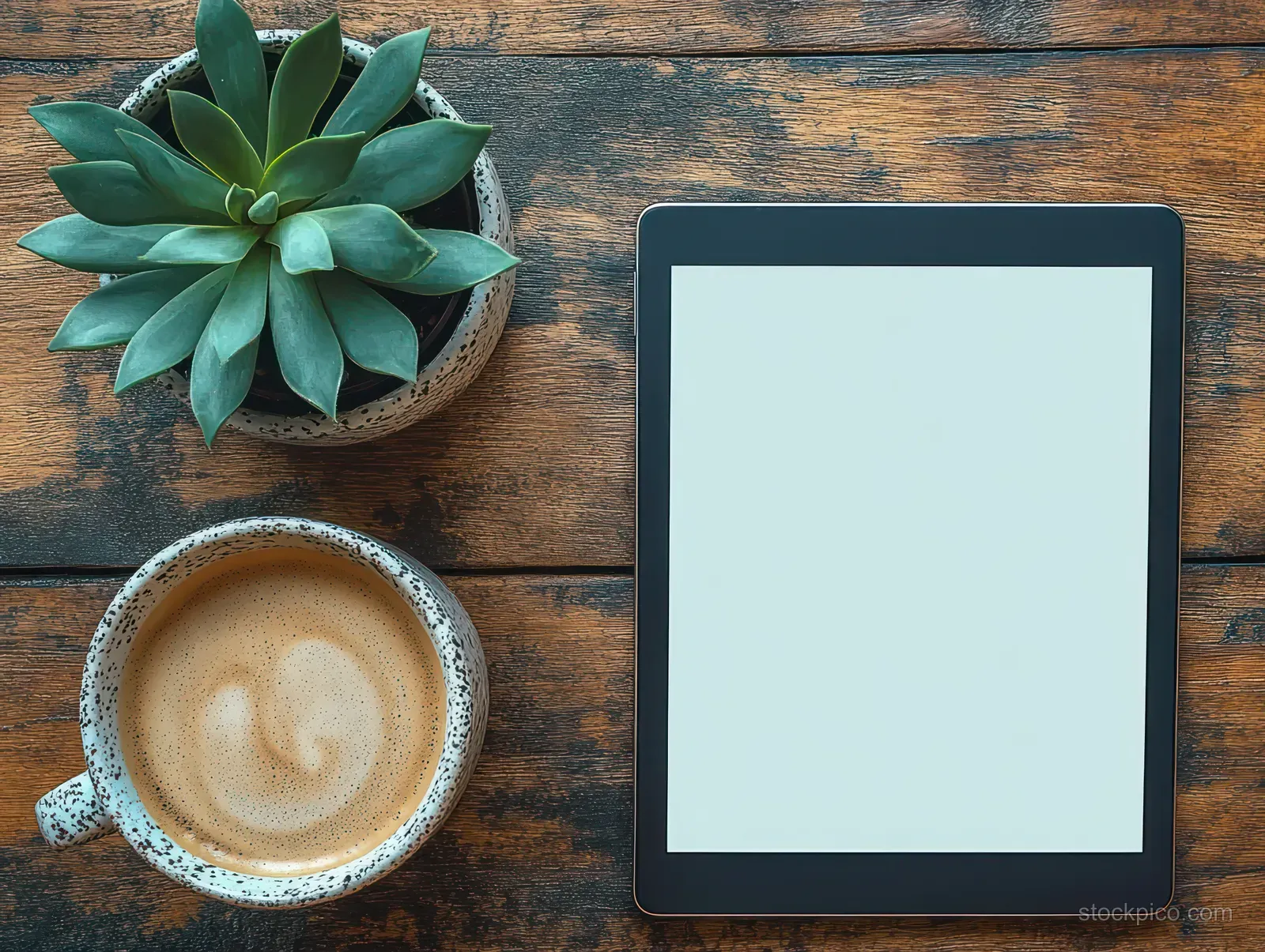 Top view of a succulent plant, a cup of frothy coffee, and a blank tablet on a rustic wooden table.