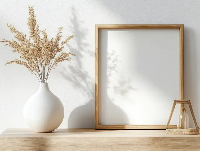 White vase of dried plants and an empty wooden picture frame on a shelf in soft natural light.
