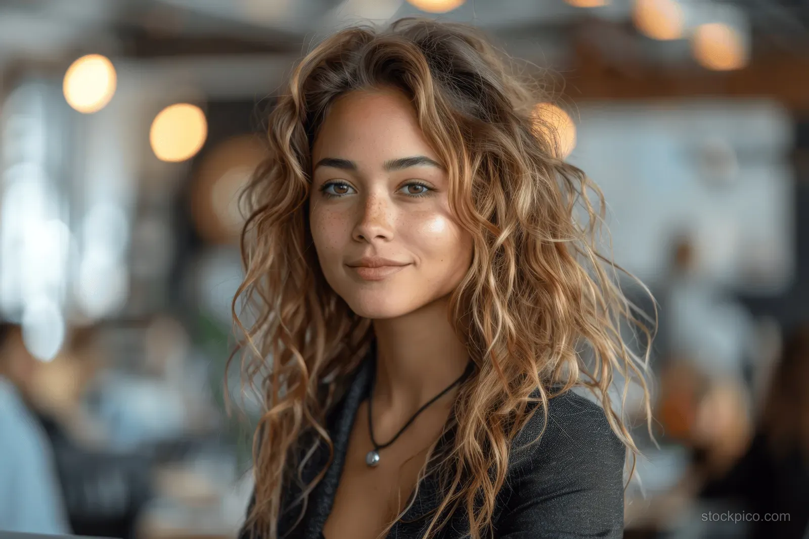 A smiling businesswoman with curly hair looks at the camera during a team meeting in a bright office.