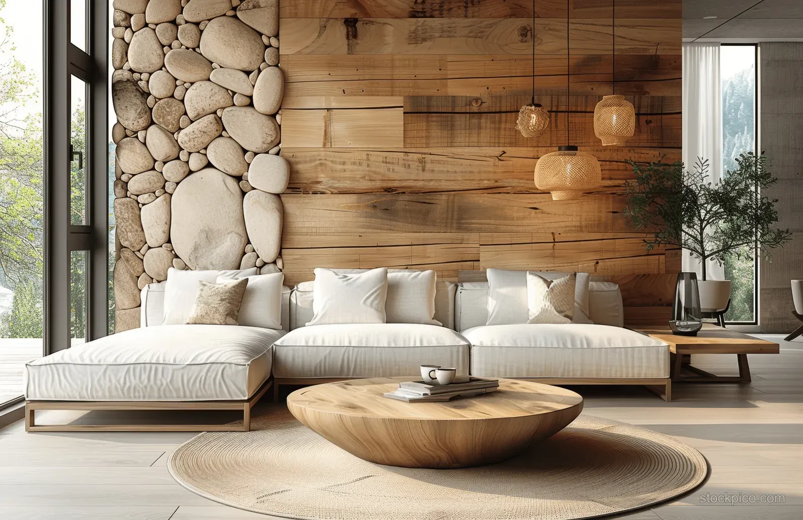 White sofa sits in a minimalist living room with a wood-paneled wall, stone accent, and round wooden coffee table.