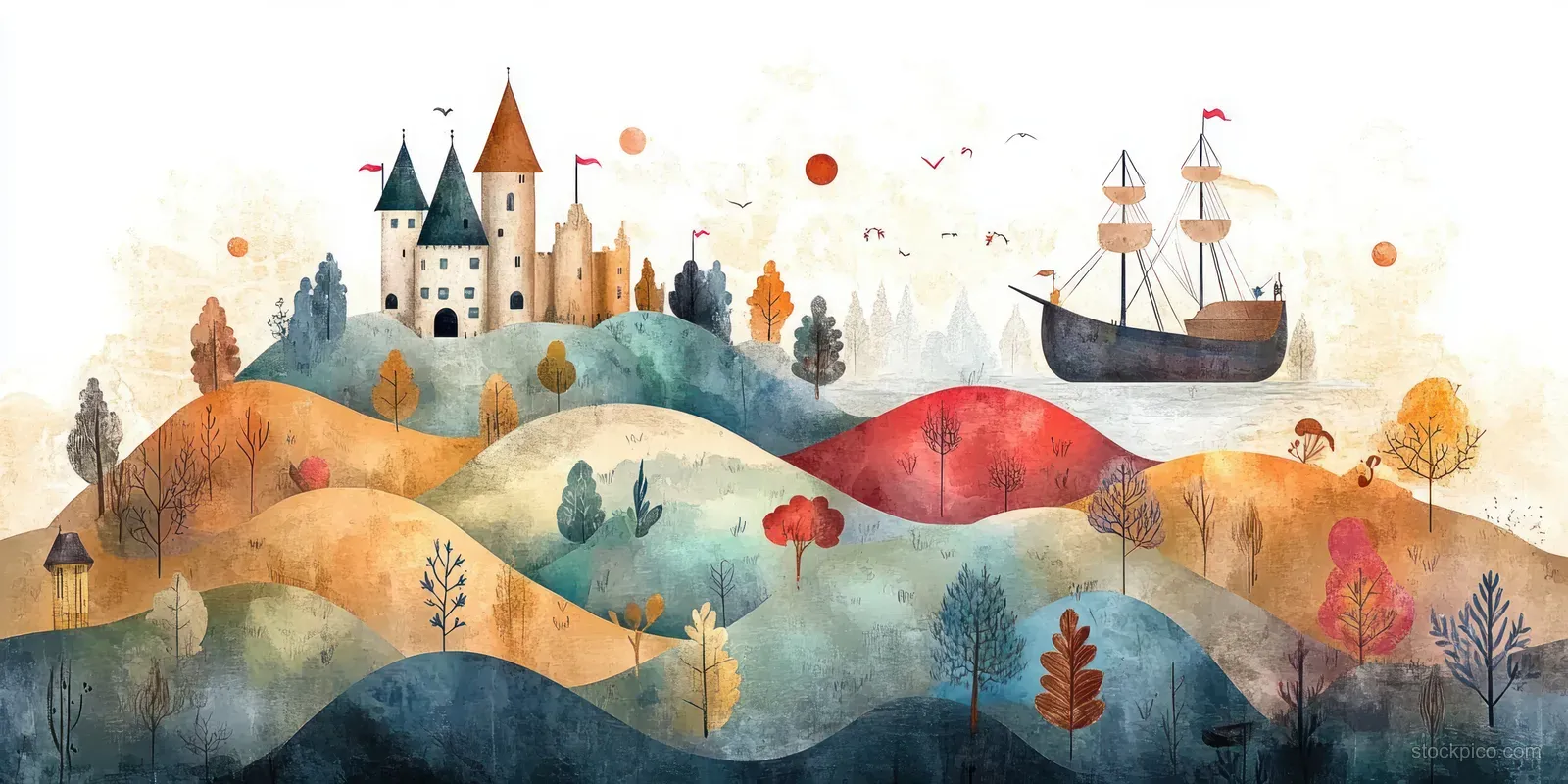 A watercolor castle ship sails over colorful hills while trees, animals, and clouds float across a whimsical landscape.