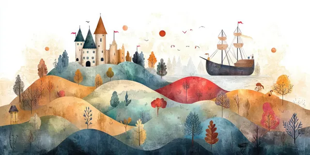 Watercolor fantasy landscape with a castle ship sailing past colorful hills and trees