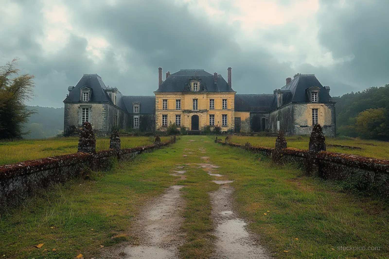 A historic yellow and grey stone mansion with chimneys stands behind a mossy stone fence under cloudy skies.