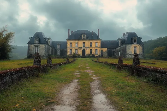 A historic yellow and grey stone mansion with chimneys stands behind a mossy stone fence under cloudy skies.