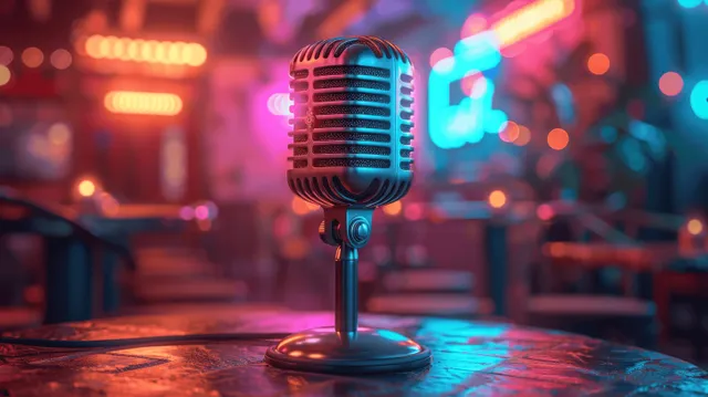 Vintage chrome microphone on a wooden table with colorful neon lights blurred in the background.