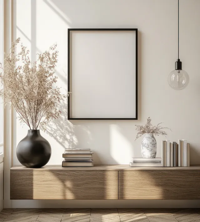 Minimalist poster frame on Scandinavian living room wall above light wooden sideboard
