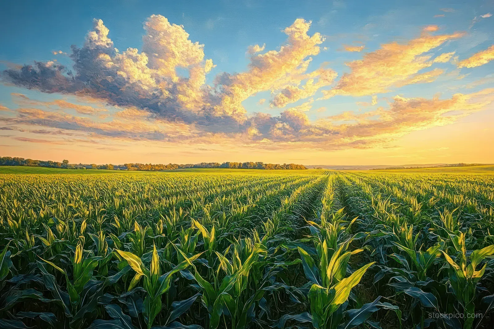 A green cornfield stretches toward the horizon under a colorful sunset sky with scattered clouds.