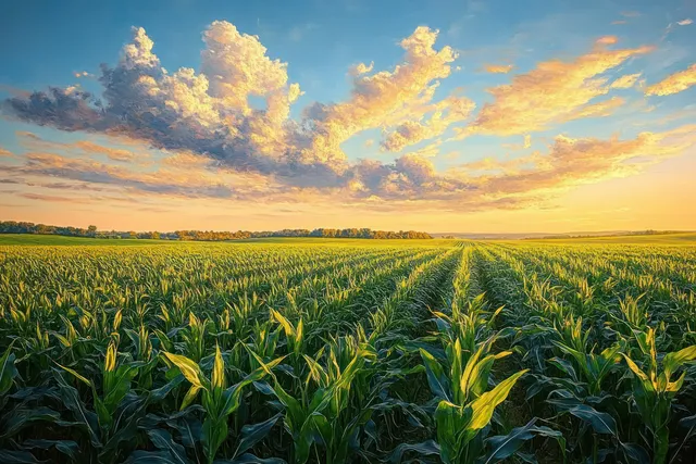 Green cornfield at sunset beneath a dramatic cloud-filled rural sky