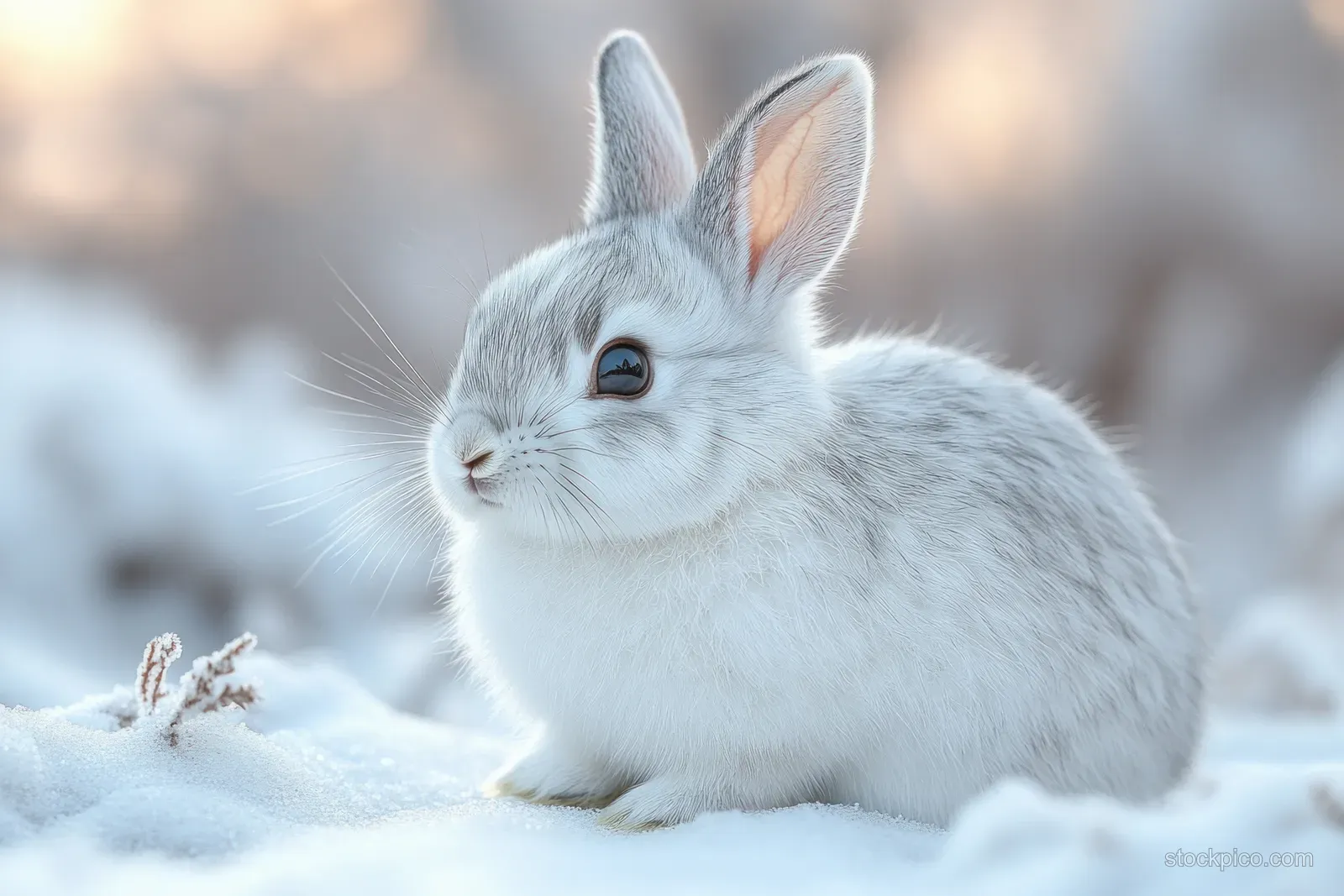 A fluffy white rabbit with gray markings rests on snow, looking away with soft light and blurred background.