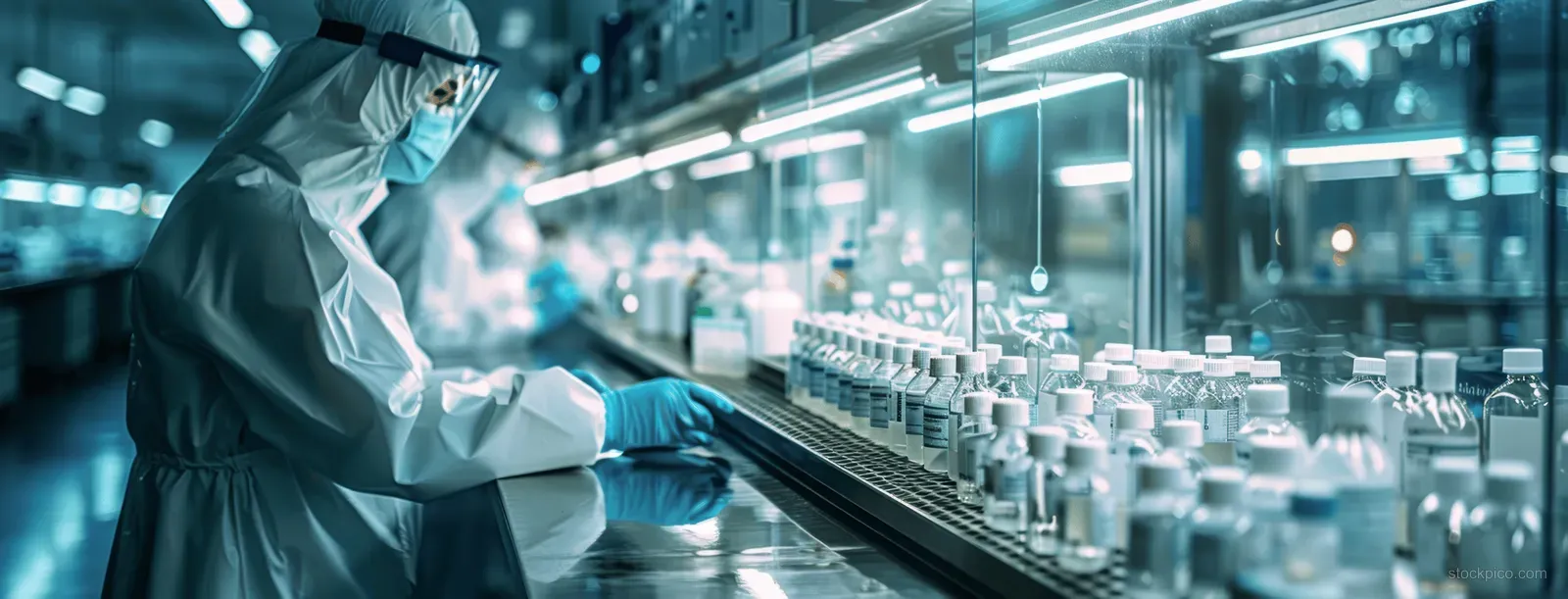 A scientist in protective suit pipettes samples beside rows of reagent bottles in a sterile pharmaceutical lab.
