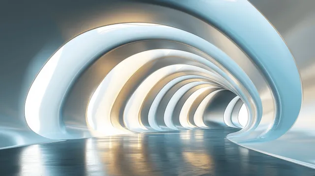 Futuristic tunnel interior with glowing concentric rings, reflective floor, and empty space ahead.