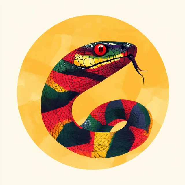 Vibrant cobra illustration with bold geometric patterns on a minimalist circular background.