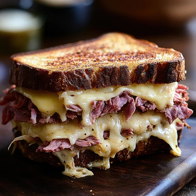 Close-up of a grilled roast beef sandwich with melted cheese and shredded beef between toasted brown bread slices.