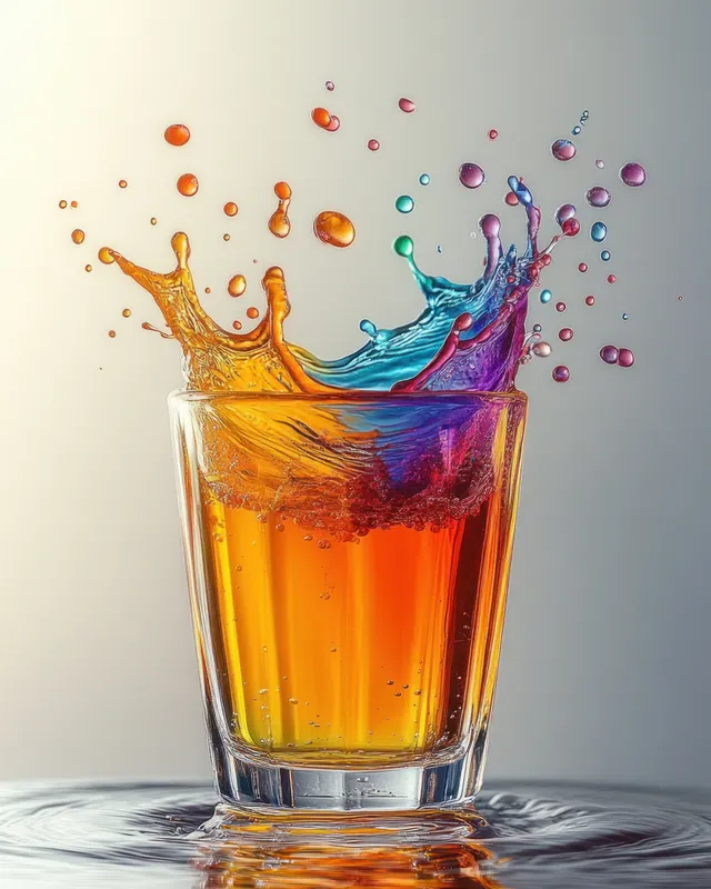 Colorful liquid splash erupts from a glass of orange drink on reflective surface