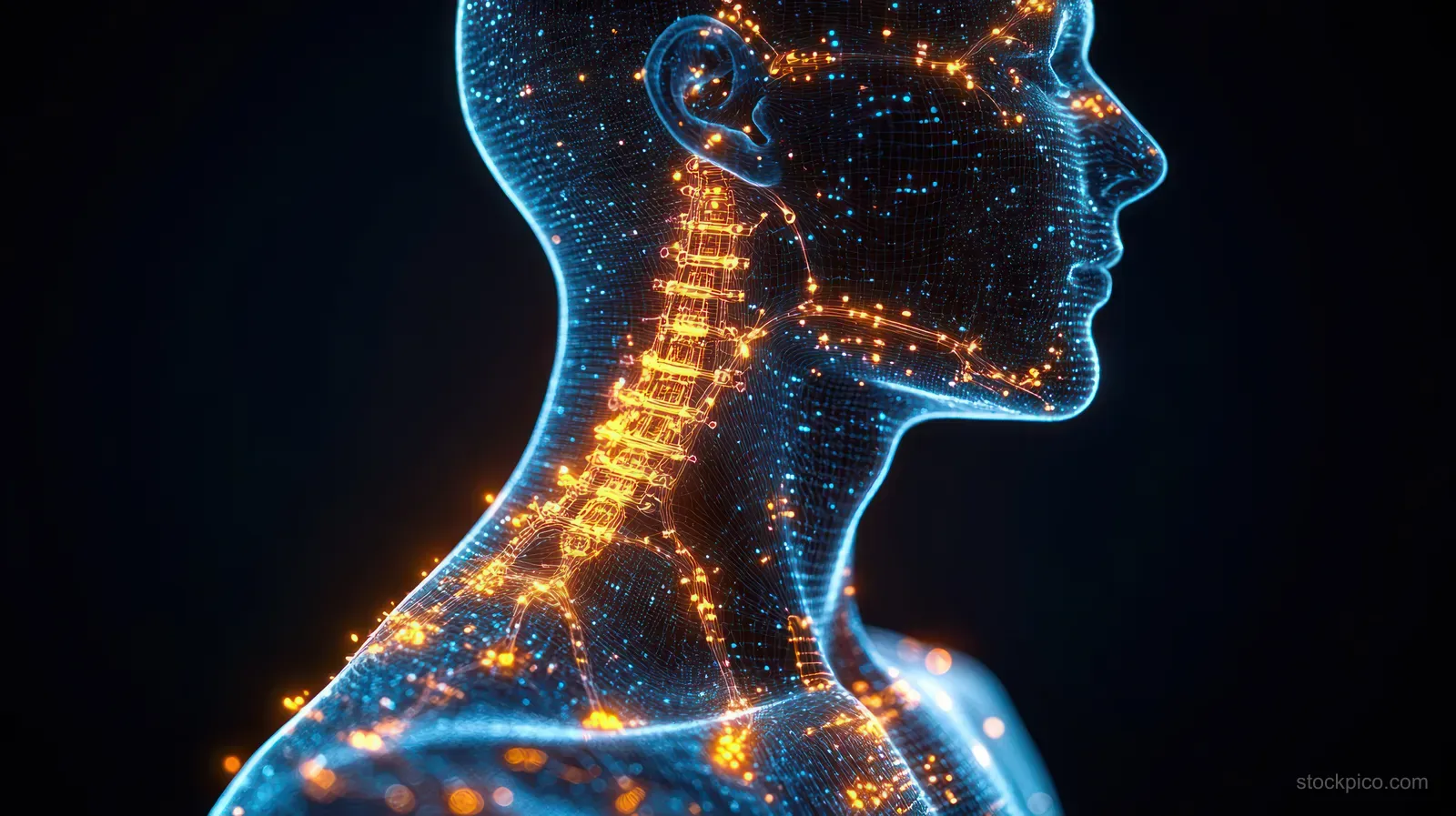 Futuristic side profile shows highlighted neck and spine wrapped in glowing blue and orange neural network lines.