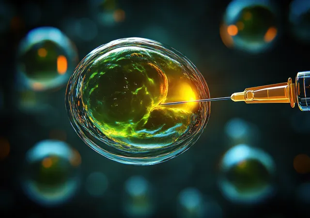 Syringe needle injects into a translucent glowing cell with green organelles and yellow highlights in a dark blurred lab scene.