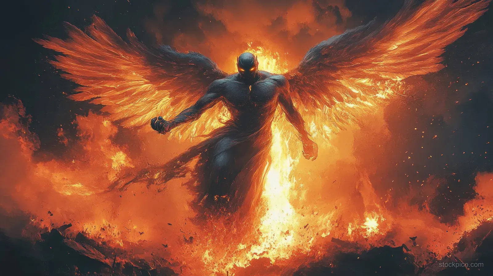 A winged spirit ascends from volcanic flames as embers and dark smoke swirl behind it in dramatic light.