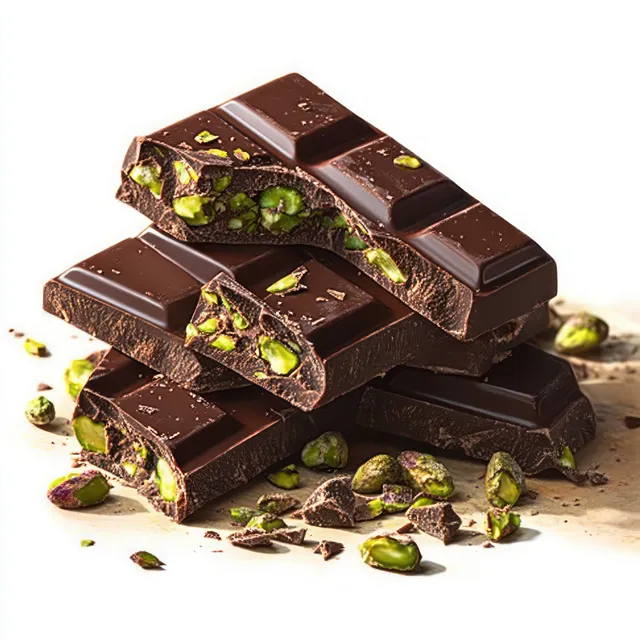Broken dark chocolate bars with green pistachio nuts spilling onto a white background.