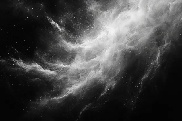 White powder clouds swirl and disperse like a cosmic nebula over a dark black background.