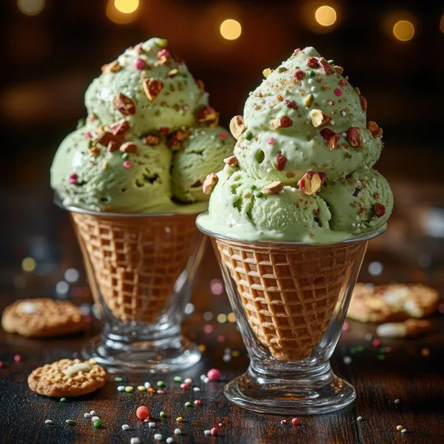 Two pistachio ice cream waffle cones topped with chopped nuts and sprinkles under warm bokeh lights