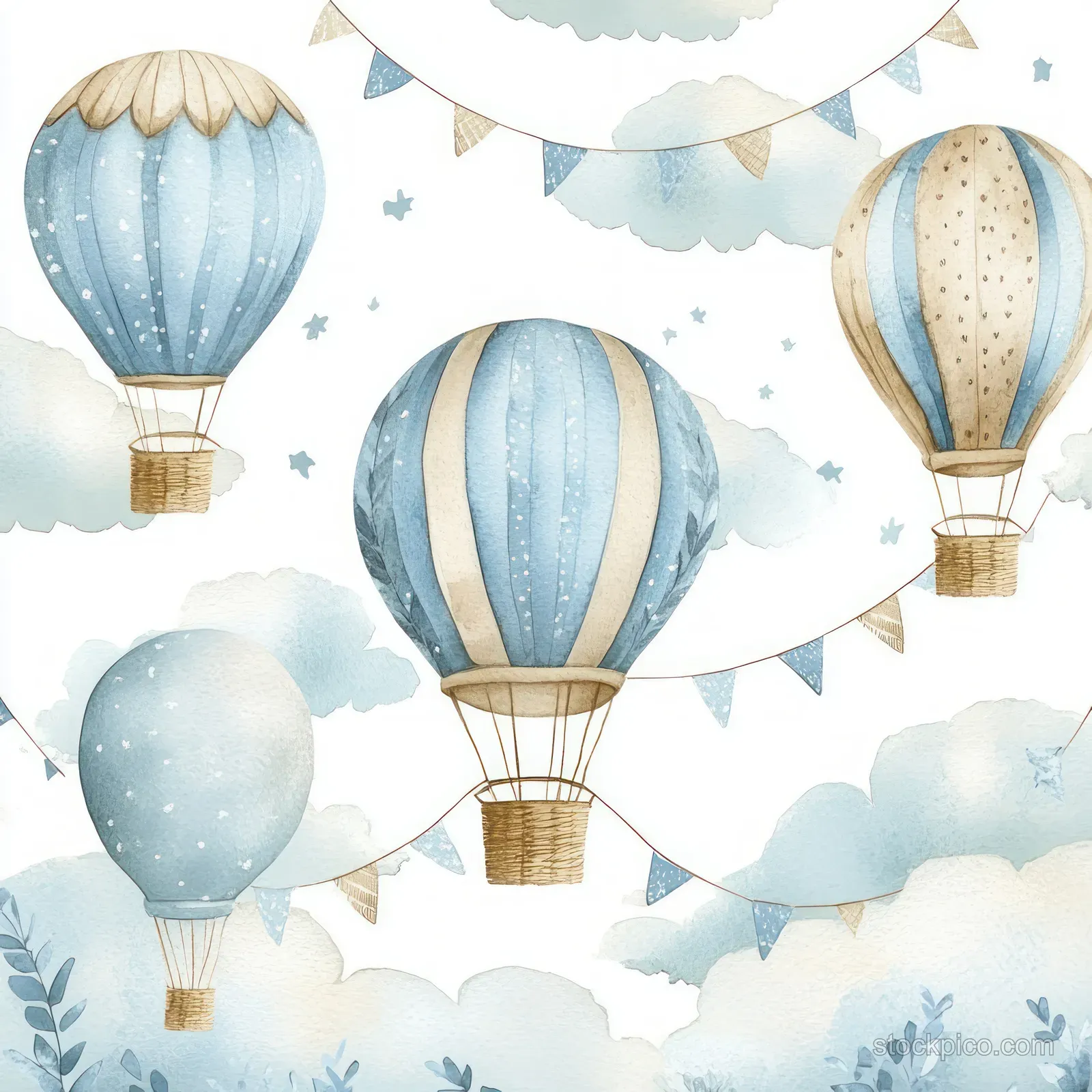 Watercolor hot air balloons drift across a pastel sky filled with clouds, stars, and bunting.