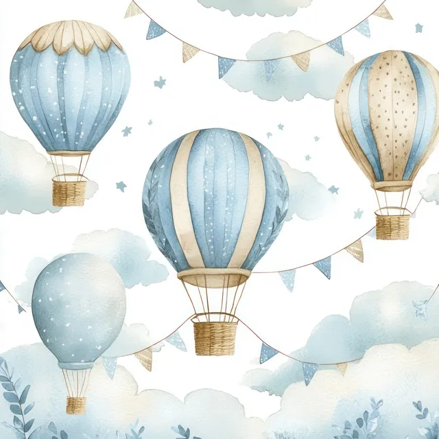 Watercolor hot air balloons drift across a pastel sky filled with clouds, stars, and bunting.