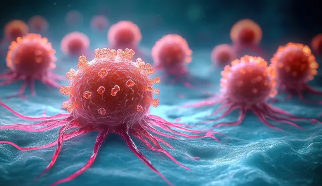 Multiple pink cancer cells divide and spread across a glowing turquoise microscopic fluid background.