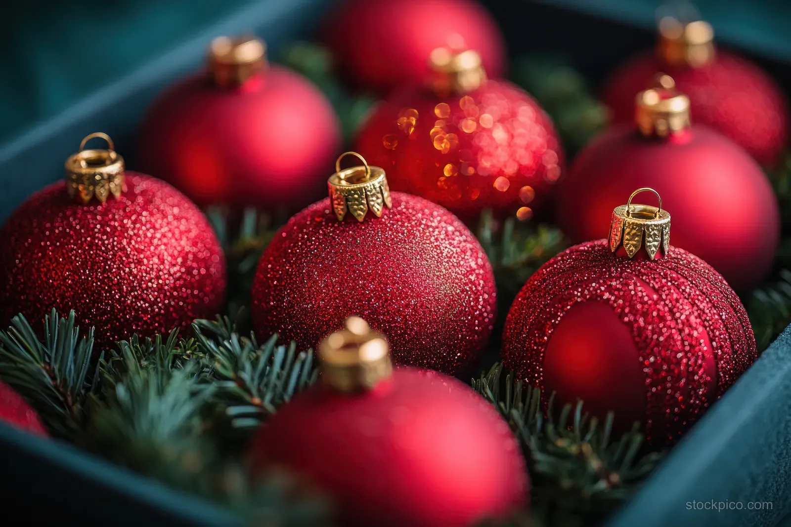 Red glittery Christmas ornaments with golden caps sit inside an open box beside pine branches.