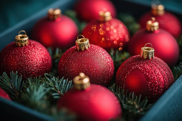 Red Christmas ornaments nestled in a box with golden caps and glittering texture