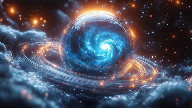 A glowing blue cosmic orb rotates in the center with orange spiral rings and sparkling stars across a dark space background.