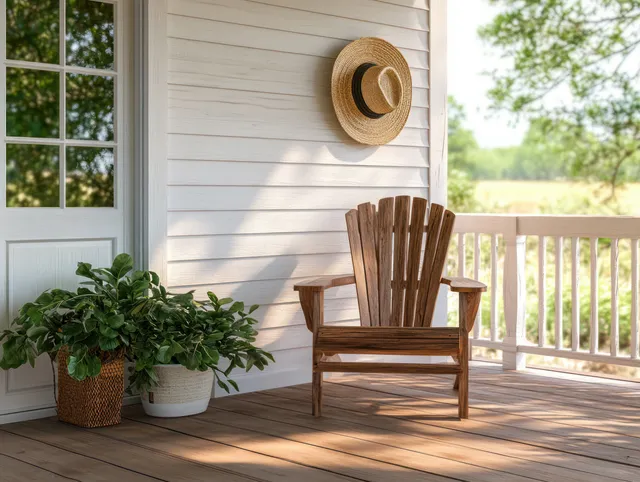 Wooden chair on a sunlit farmhouse porch beside potted plants, with greenery visible through the railing.