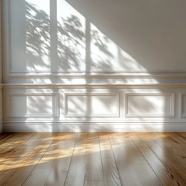 Tree shadows from window light stretch across a white paneled wall and polished wooden floor.