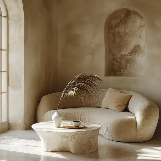 Curved beige sofa in a minimalist living room with dried palm leaves on a side table under soft light.